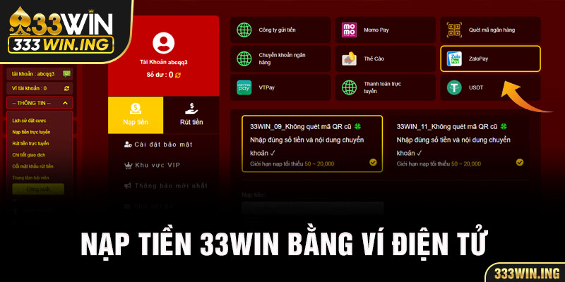 Nạp tiền 33WIN bằng ví điện tử